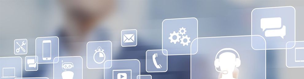 App icons floating with a person in the background pointing