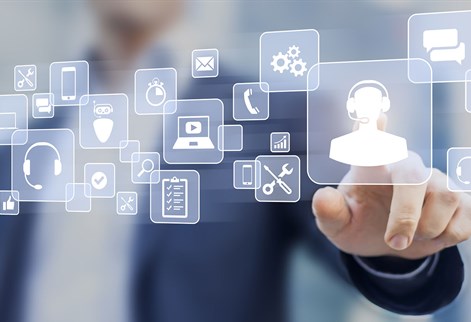 App icons floating with a person in the background pointing
