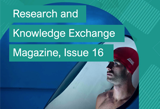 Research and Knowledge Exchange Magazine (Issue 16) cover featuring man in swim hunt in extreme environment pod